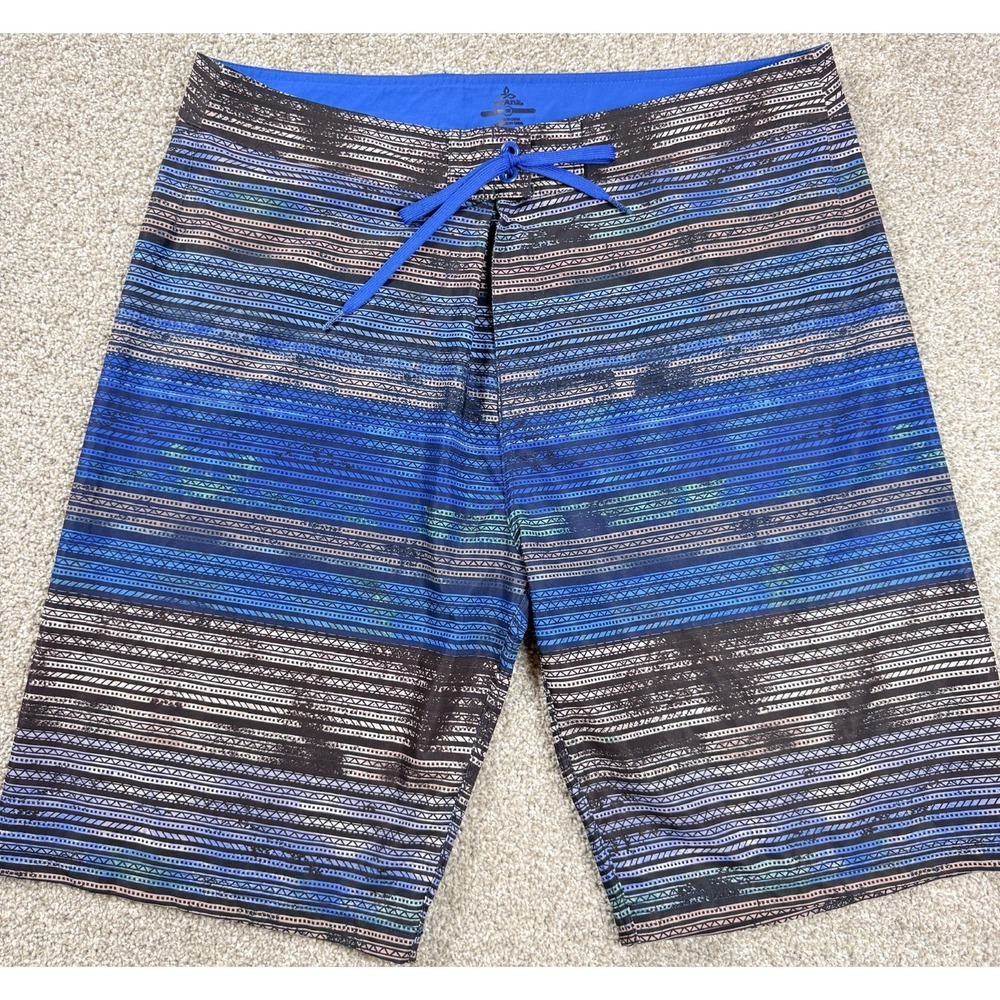 prAna Board Shorts Mens 38 Blue Geometric Stripe Stretch Surf Swim Beach